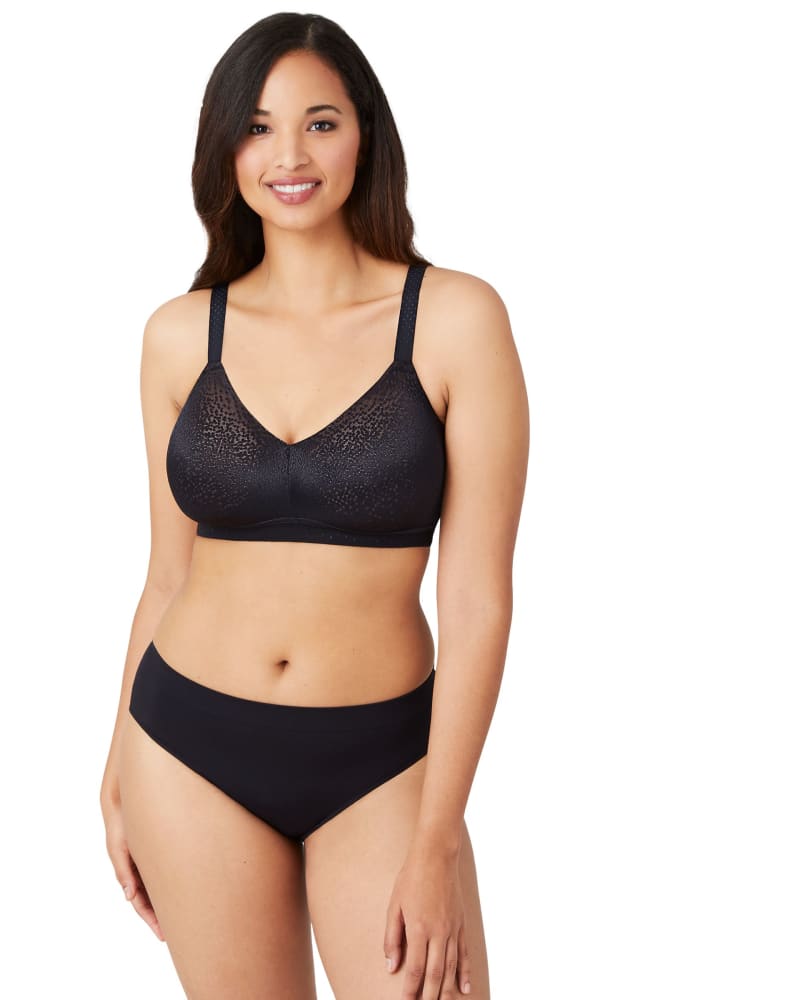 Front of a model wearing a size 36B Back Appeal® WireFree Bra in Black by Wacoal. | dia_product_style_image_id:304012